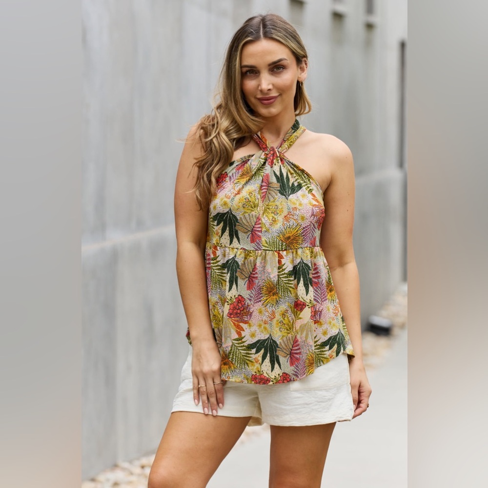 Be Stage Full Size Floral Halter Top in Green